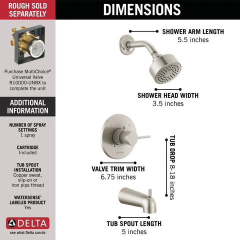Dimensions of Brushed Nickel Tub And Shower Trim Kit With Single Spray Touch Clean Shower Head, DIY Friendly