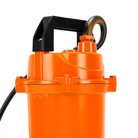 Tough Job Submersible Sump Pump For Quick Basement Bailout And Flood Cleanup 6000 Gallons Per Hour Output close-up showing orange plastic design and handle.