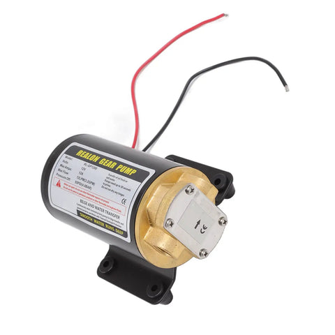 12V Electric Gear Oil Pump With Thermal Protection Motor, High Pressure Brass Transfer Pump For Engine Oil And Transmission Fluids, Built In Overheat Safeguard For Heavy Duty Tasks, Durable And Reliable Design, showing pump with brass housing and wires.