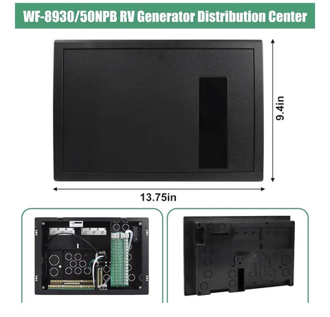 Rugged RV Power Hub And Distribution Center With 30 Amp Or 50 Amp Main Breaker 120 240V dual voltage, dimensions shown