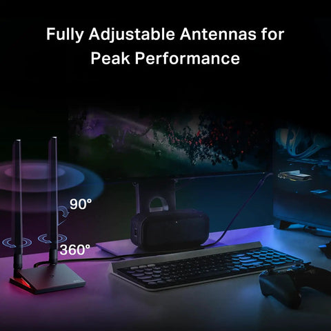 WiFi 7 PCIe Card For Desktop PC With Bluetooth 5.4, Beast Mode Tri Band Wireless Adapter with dual adjustable antennas on desk setup