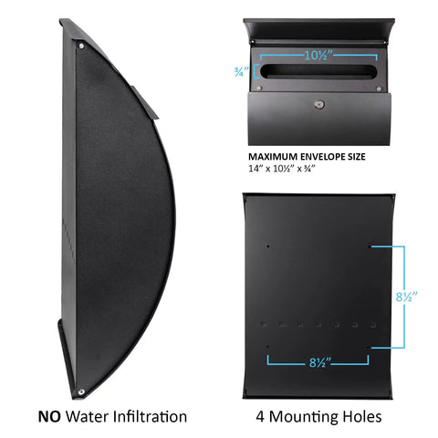 Locking Wall Mount Mailbox For Home, Large 18x13x5, Weatherproof Steel, side and front views with dimensions shown.