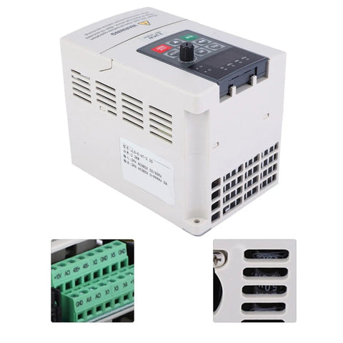 Three Phase 380V 2.2KW VFD Inverter With PWM Speed Control Workhorse Industrial Motor Drive With All Round Protection Variable Frequency Drive For 380V Motors Durable Plastic Housing And Easy Speed Regulation. white plastic VFD inverter with control panel and terminal blocks