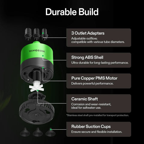 VIVOSUN submersible water pump, 660 GPH 35W, green/black ABS shell with 3 outlet adapters.