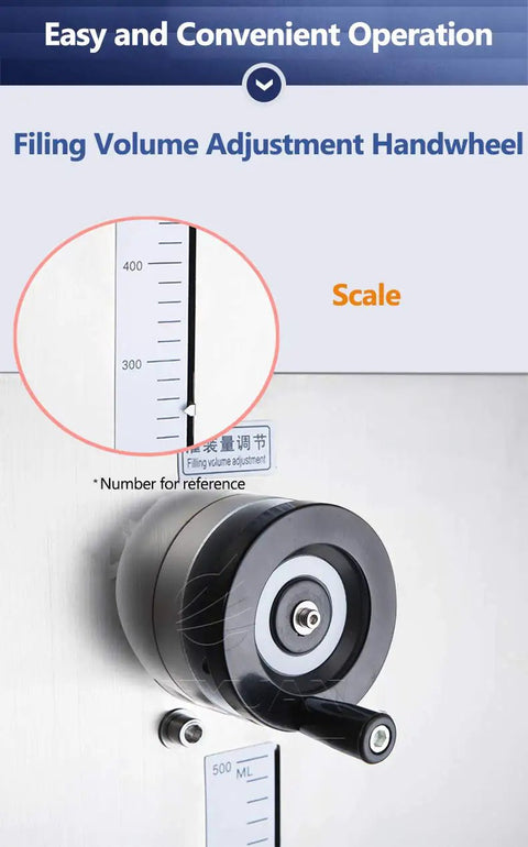 Filing volume adjustment handwheel and scale on Heavy Duty Pneumatic Vertical Piston Filler Machine for Liquids And Pastes.