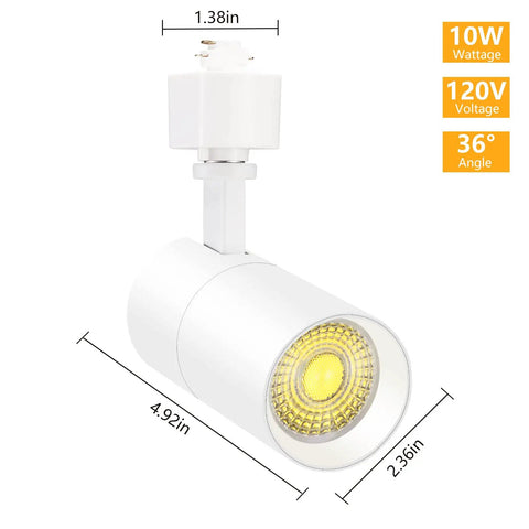 Three Color Adjustable 10W LED Track Lighting Heads Pack of 4 Dimmable 1000 Lumen Output 36 Degree Spotlight Beam 3000K 4000K 5000K Flicker Free CRI90 Plus Matte White Ceiling Fixtures showing dimensions and specs
