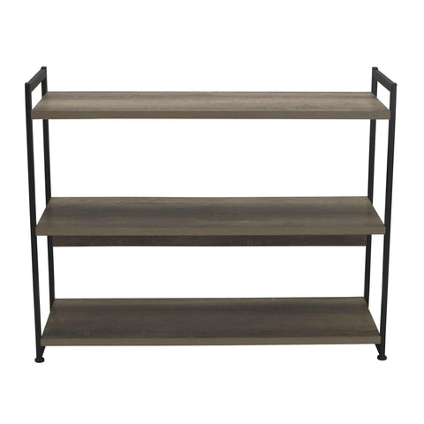 Straight Up Quality 3 Shelf Open Storage Bookshelf With Oak Rustic Wood Grain Laminate Shelves And White Steel Frame Heavy Duty Home Organization Game Changer Flex Your Cozy Living Room Setup view of freestanding three tier shelving unit with oak laminate shelves and black steel frame.