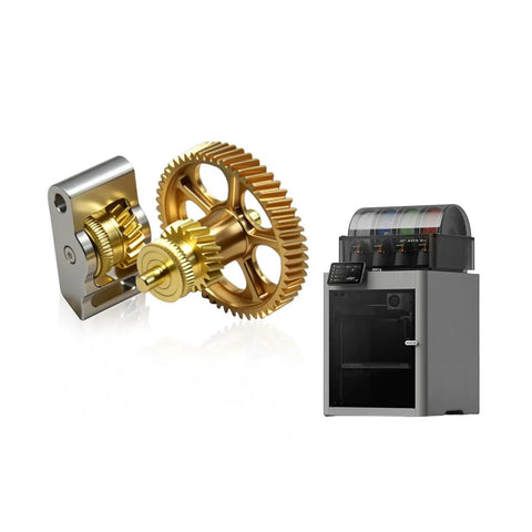 All Metal Filament Feed Gear Set For P2S Extruder Upgrade with hardened steel gears and brass reducer shown next to 3D printer