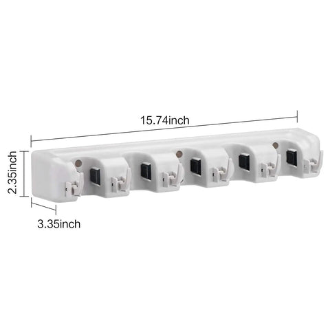 Wall Mounted Mop Broom Holder Organizer Rack With 5 Slots And 6 Hooks For Kitchen Garage Laundry Garden Tools, dimensions shown