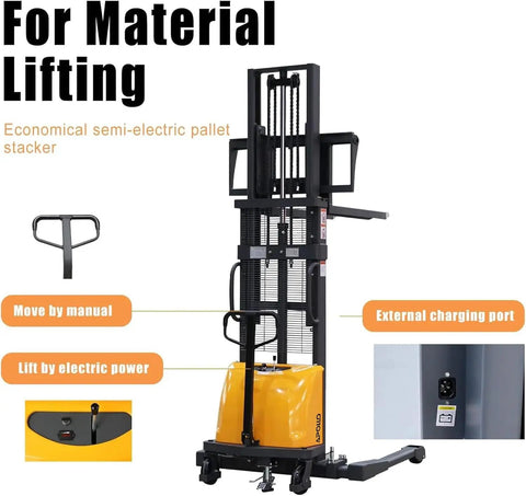 Heavy Duty Semi Electric Pallet Stacker with 3300 lb capacity, 118 inch lift height, and manual/electric operation features.