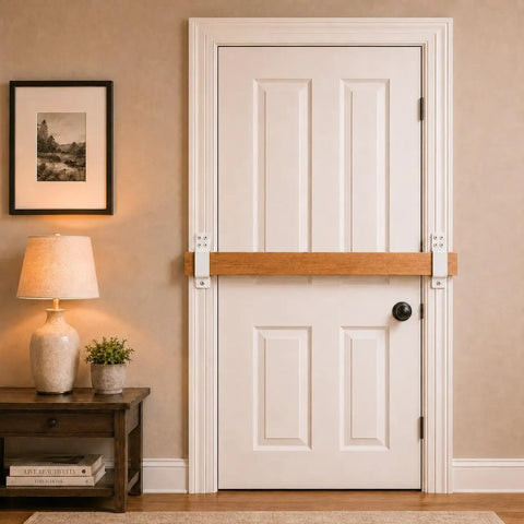 Heavy Duty Door Barricade Brackets 2 Pack Rust Proof White Steel Reinforcement Bars For Standard 2x4 Lumber securing a white door.