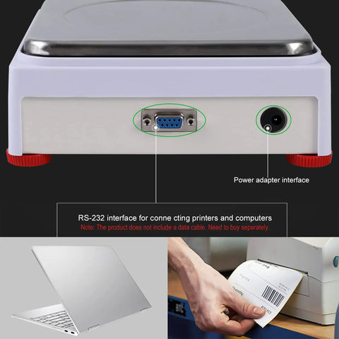 Pro Grade High Precision Lab Scale 1000g X 0.01g Digital Analytical Balance back view with RS-232 and power adapter interfaces