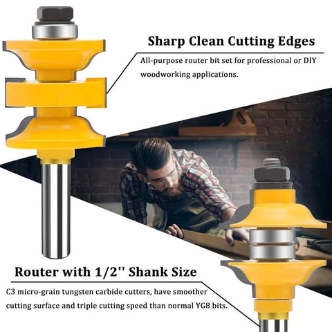 Three Piece 1/2 Inch Shank Router Bit Set For Classical Extended Tenon And Pro-Grade Heavy Duty Door Rail Stile Milling Kit For Doors