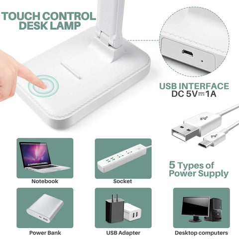 Touch control LED Desk Lamp With Touch Control For Reading No Flicker Three Color Modes Foldable Compact Space Saving Light with USB interface and power options.