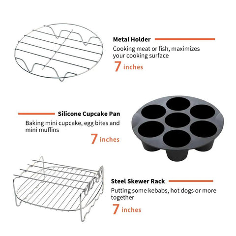 Must Have Ultimate Air Fryer Accessories Set For 3.7QT To 5.8QT Deep Fryers Includes metal holder, silicone cupcake pan, skewer rack