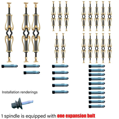 Badass Aluminum Balusters And Stair Spindles With Floor Face Mount Brackets And Slick Black Gold Flower Motif Railing Kit For Indoor Outdoor Decks And Bulletproof Durability House Upgrade 10 Pack, installation rendering with spindles and installation tools.