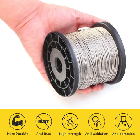 Top Shelf 304 Stainless Steel Wire Rope One Sixteenth Inch Thick 328 Foot Spool held in hand, ideal for fencing and outdoor jobs.