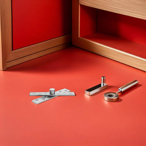 Invisible Pivot Door Hinges Set 360 Degree Rotation Stainless Steel Concealed Heavy Duty Secret Door Hardware For Wood Cabinets And Hidden Bookcases 6 Pack laid out on a red surface.