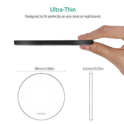 Side view of 20W Fast Wireless Charging Pad for iPhone 17 16 15 14 13 12 SE AirPods Samsung Galaxy S25 S24 Note Pixel and LG showing thin design.