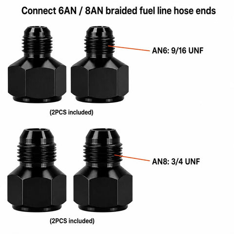 Black 6AN and 8AN adapters for Aluminum Engine And Transmission Oil Cooler Kit With Stacked Plate 30 Row Includes 6AN And 8AN Adapters.