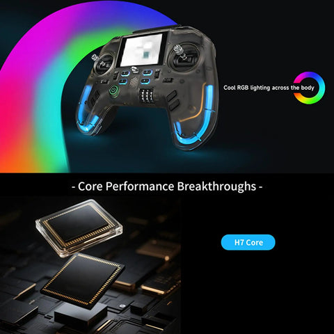 Open Source RC Transmitter With 2.4 Inch IPS Screen, Gyro Stabilized 2.4GHz Radio showing RGB lighting and H7 Core chip