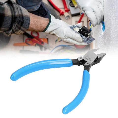 Beefy Diagonal Wire Cutter Pliers With Rebound Spring shown with blue handles and sharp edges cutting wires in an electrical panel.