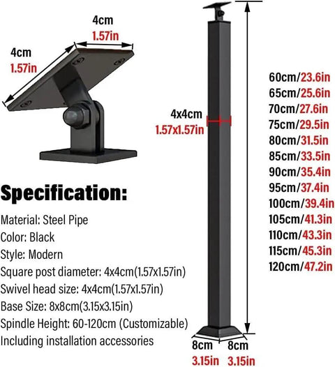 Rock Solid Black Wrought Iron Stair Railing Posts With Smooth 270 Degree Flat Mount Brackets For Indoor Outdoor Deck And Balcony 43 Inch Modern Balusters 20 Count No Sweat Assembly specifications with dimensions and details