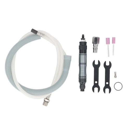 High Performance Mini Air Die Grinder With Quarter Inch Collet And Blistering 70000 RPM Speed For Grinding Polishing Engraving Tasks Supercharged Pneumatic Tool Built Like A Tough Shop Workhorse Daily with hose and accessories.