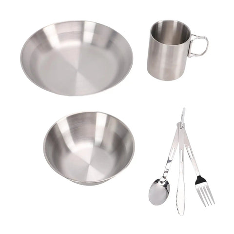 Stainless Steel Camping Mess Kit with plates, bowls, cup, and utensils for easy campouts, picnics, beach trips, and travel gear.