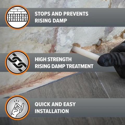 Damp Proofing Rods Ten Pack Next Generation DPC Treatment for Rising Damp Walls DIY install with hand inserting rod into masonry wall.