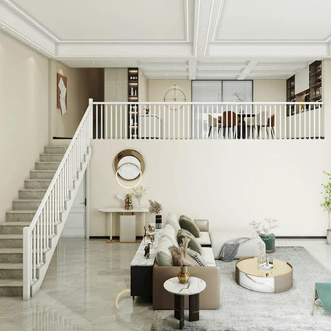 Heavy Duty White Stair Railing Posts And Spindles, 25 Pack Of 47 Inch Stainless Steel Balusters With Adjustable Brackets, Built Solid For Deck And Indoor Stairs, Gotta Love The Easy Setup, Top Tier Home Upgrade in modern living room with stairs.