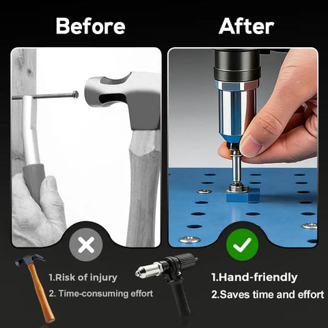 Comparison of manual hammering vs. Electric Rivet Gun Adapter Kit With 4 Interchangeable Nosepieces 2.4mm 3.2mm 4.0mm 4.8mm For Cordless Drills