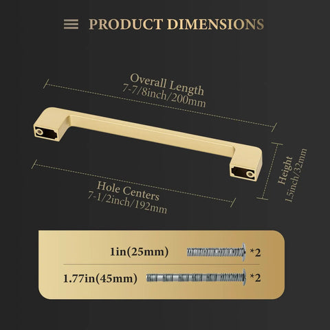 Diagram showing dimensions of 10 Pack Brushed Gold Cabinet Handles With Seven And A Half Inch Hole Center Drawer Pulls