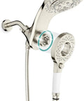 Magnetic 2 In 1 Shower Head With Handheld Sprayer And On Off Water Saving Switch Eight Spray Hand Held Wand Flexible Anti Kink Hose Brushed Nickel Finish For Easy Docking And Strong Water Pressure, showing fixed head and wand