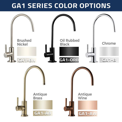 Lead Free Reverse Osmosis Bar Sink Faucet With High Chrome Spout 360 Degree Swivel in five color options: nickel, black, chrome, brass, wine