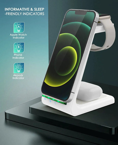 All In One Wireless Charging Station With Upgraded 2026 Fast Desk Charger, holding iPhone, Apple Watch, AirPods; green indicators