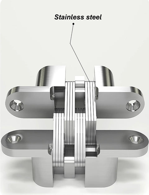 Close-up of Hidden Door Hinge Set 2Pcs Invisible Cross Hinges For Kitchen Cabinet Doors in stainless steel, 180-degree opening.