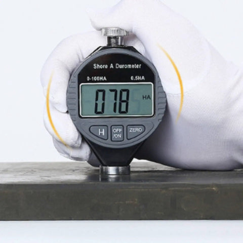 Premium Digital Durometer And Shore Hardness Tester For Rubber Testing displaying 078 HA measurement on digital screen with a gloved hand.