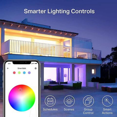 Smart Color Changing WiFi Light Bulbs, 1000 Lumens, house with app showing color controls, Works With Alexa And Google Home