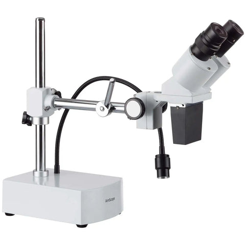 Pro Grade Binocular Stereo Microscope With Long Working Distance Boom Arm For Big Jobs Like Circuit Boards And Dental Appliances With Interchangeable WF10x And WF20x Eyepieces For Sharp Precise Inspection, shown on boom arm