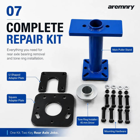 Pro Grade Wheel Bearing Removal Tool Rear Axle Puller Installer Kit With Abs Tone Ring Fits 1995 2020 Toyota Tacoma Tundra 4Runner Hilux 100mm To 140mm 4 Bolt Circle Blue Beast Mode Garage To Knock Out Jobs Fast No Stress At All blue axle puller kit with adapter plates, 40 mm driver, and mounting bolts