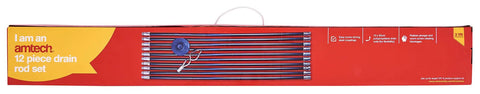 Heavy Duty Drain Clearing Kit With Flexible Snake Rods And Sturdy Rubber Plunger packaging showing 12 piece drain rod set for clogs.