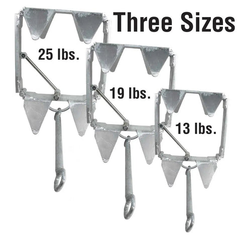 Three sizes of hot-dipped galvanized fold-and-hold boat anchor - 25 lb, 19 lb, 13 lb, corrosion-resistant steel for offshore use.