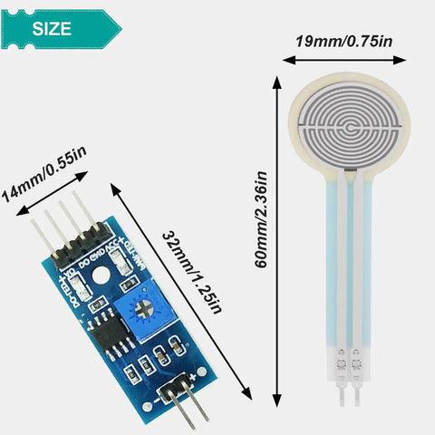 Thin Film Pressure Sensor FSR402 for DIY Arduino Projects with transducer and voltage module dimensions shown