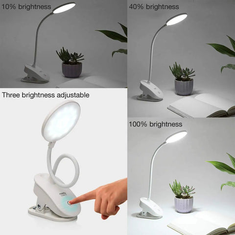 Clip On Bedside Reading Lamp With USB Rechargeable Battery, 18 LED Eye Friendly Light, No Fuss Clamp On Bed Light With Three Brightness Levels, Flicker Free, Compact Clip Lamp For Late Night Reading And Cozy Illumination, displaying adjustable brightness settings of 10%, 40%, and 100%.