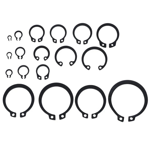 Heavy Duty External Snap Ring Kit For Bearings Gears And Pulleys 2 To 32 Millimeter Range With 300 Piece E Ring Set displayed in various sizes