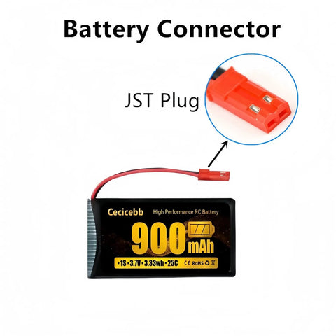 3.7V 900mAh LiPo Battery with JST Plug for RC Drones showing battery connector detail