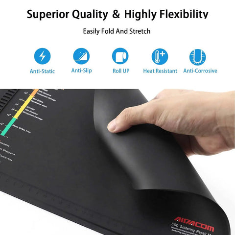 18x12 Inch ESD Silicone Soldering Mat Anti Static Repair Work Surface Kit shown folded to demonstrate flexibility