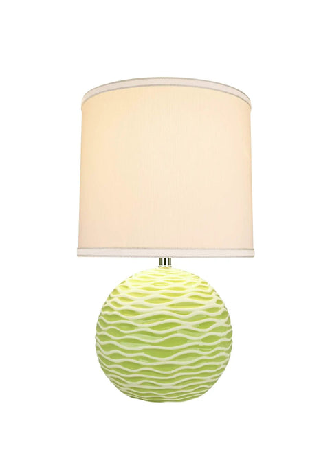 "Transitional Ceramic Table Lamp In Light Green With White Silk Hardback Drum Shade And Light Blue Trim For A Clean Lit Vibe"
