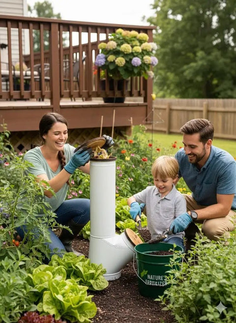 Family using Vertical Worm Compost Bin Space Saver Modular Stackable System For Small Gardens And Containers Green 4 Gallon Capacity